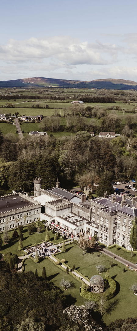 Aerial viwe of the ballyseede country estate castle and hotel in kerry