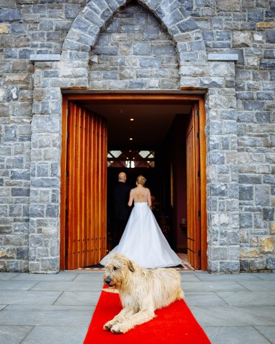 Looking into the wedding chapel wedding venue at ballyseede castle as bride and groom enter
