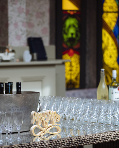 Drinks and champagne ready for guests to arrive at the ballyseede castle hotel wedding reception